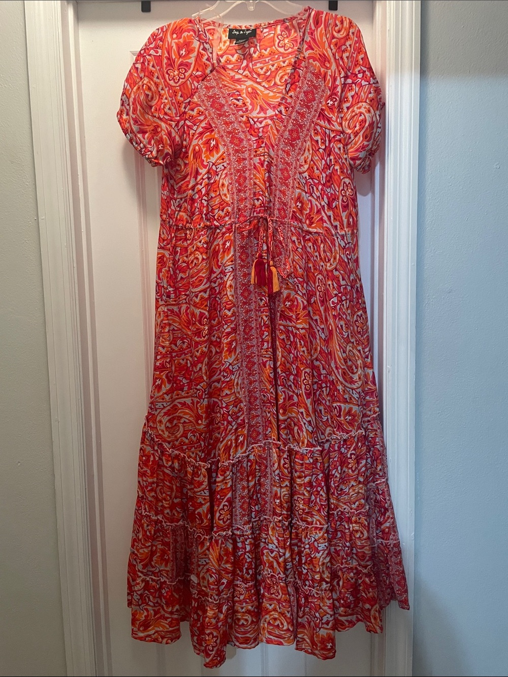 Boho Red Paisley Maxi Dress with Tassel Tie